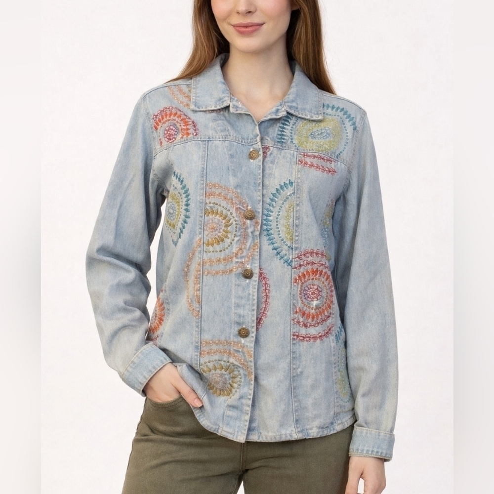 VTG WHITE STAG Chambray Psychedelic Embroidered Long-Sleeve Festival Shacket